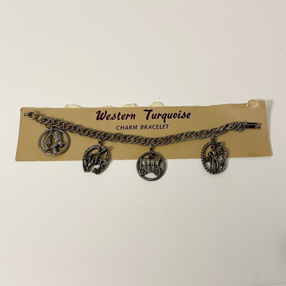 Vintage Western Faux Turquoise Charm Bracelet Cowboy Boots Horse Carriage Flaws